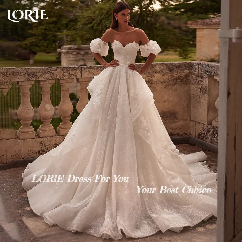LORIE Glitter Lace A-Line Wedding Dresses Ruched Off Shoulder Sweetheart Appliques Backless Brial Gowns Princess Ball Customized