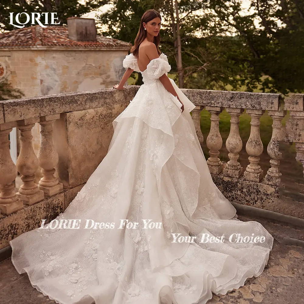 LORIE Glitter Lace A-Line Wedding Dresses Ruched Off Shoulder Sweetheart Appliques Backless Brial Gowns Princess Ball Customized
