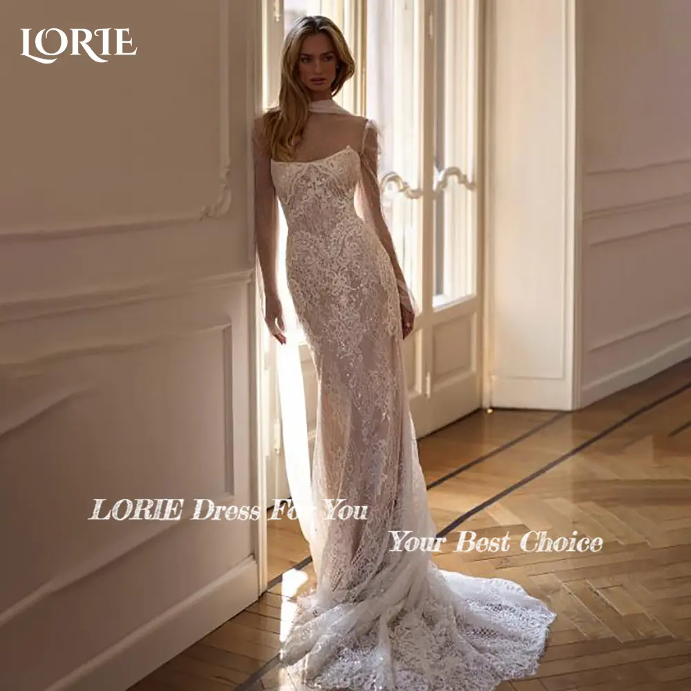 LORIE Graceful Shiny Lace Beach Wedding Dresses 3D Floral Appliqued Mermaid Bridal Gowns vestido de novia Plus size Customized