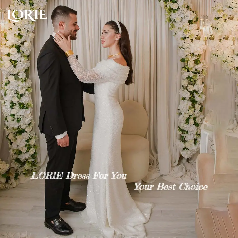 LORIE Glitter Satin Off Shoulder Wedding Dresses Lace Up Backless Princess Memaid Long Sleeve Sequin Bride Gown Bridal Gowns