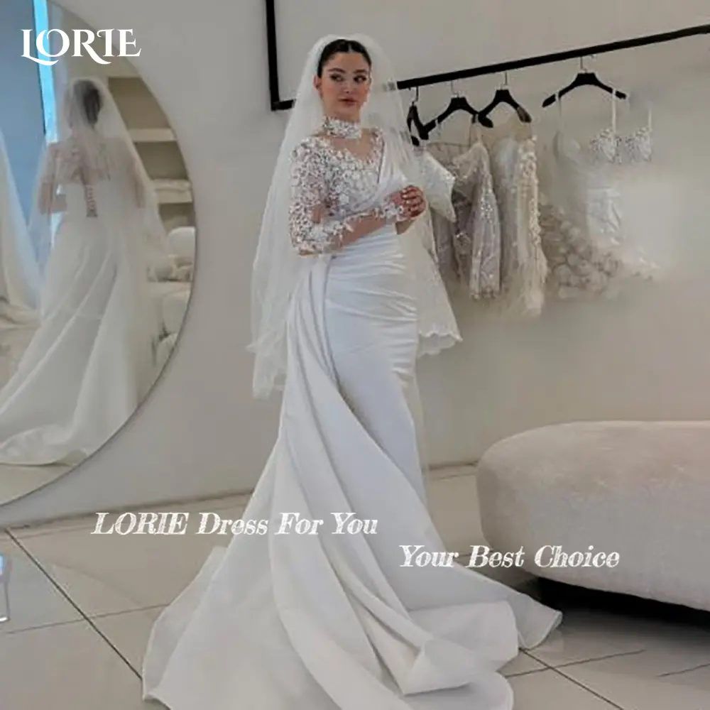 LORIE Lace Beach Wedding Dresses 3D Floral Applique High Collar Detachable Train Mermaid Bridal Gown vestido de novia Customized