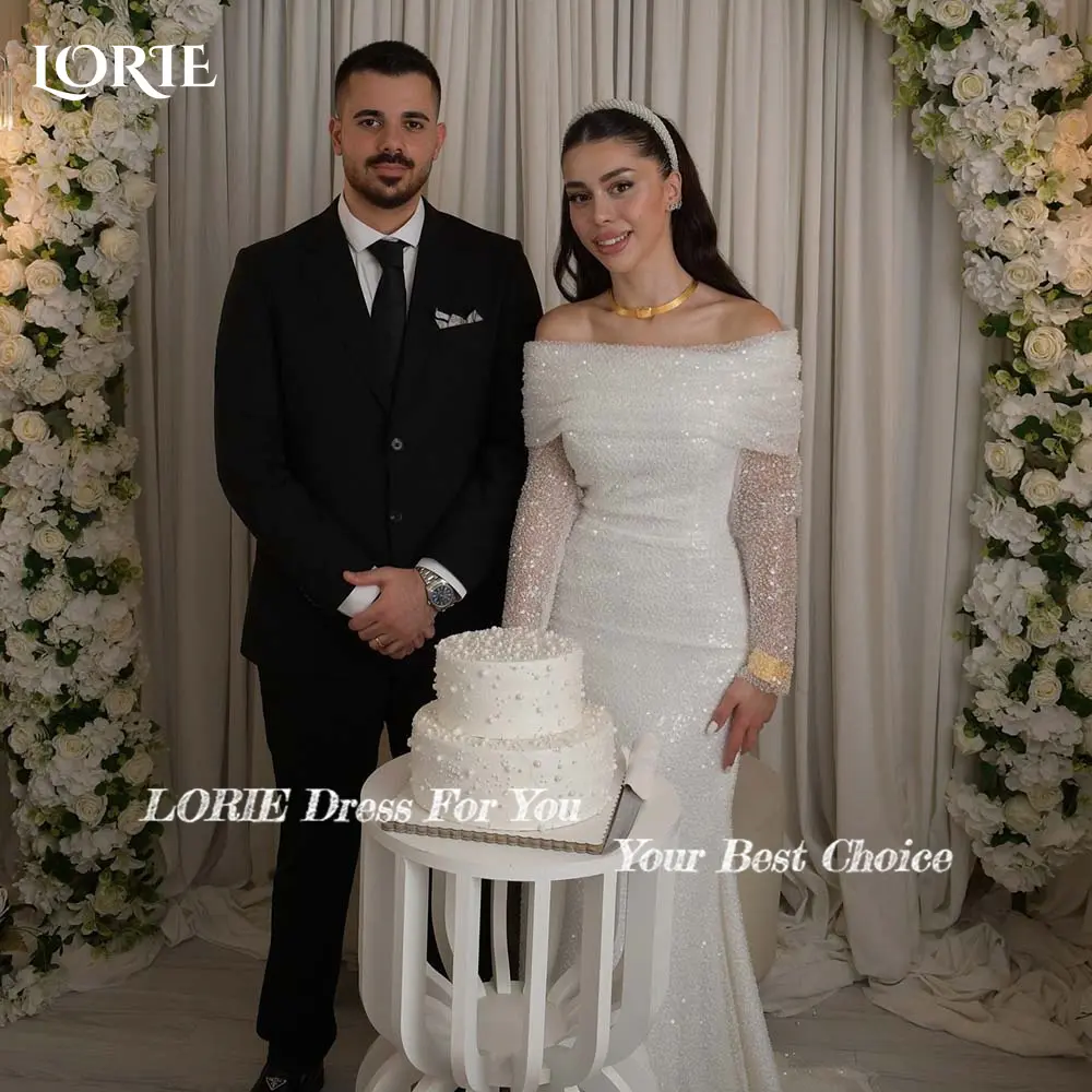 LORIE Glitter Satin Off Shoulder Wedding Dresses Lace Up Backless Princess Memaid Long Sleeve Sequin Bride Gown Bridal Gowns
