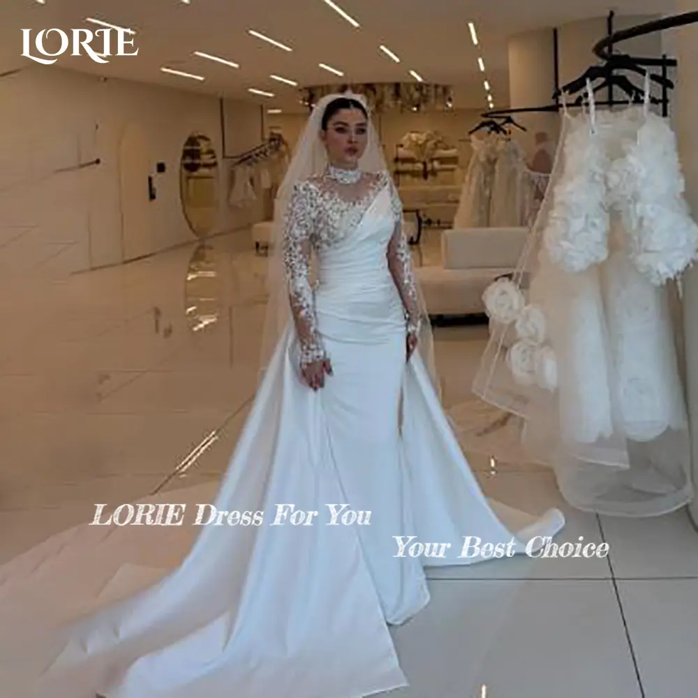 LORIE Lace Beach Wedding Dresses 3D Floral Applique High Collar Detachable Train Mermaid Bridal Gown vestido de novia Customized