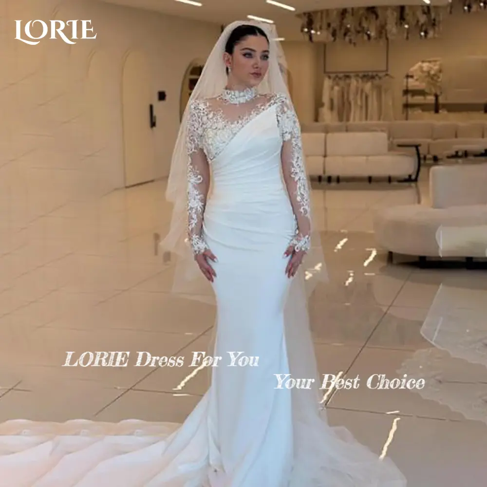 LORIE Lace Beach Wedding Dresses 3D Floral Applique High Collar Detachable Train Mermaid Bridal Gown vestido de novia Customized