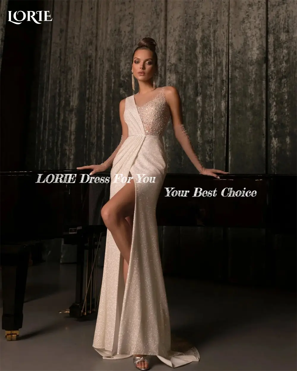 LORIE Luxury Glitter Mermaid Evening Dresses V-Neck Sexy Shiny Side Slit Pleated Bridal Gowns Sparkly Bride Dress No Gloves 2023