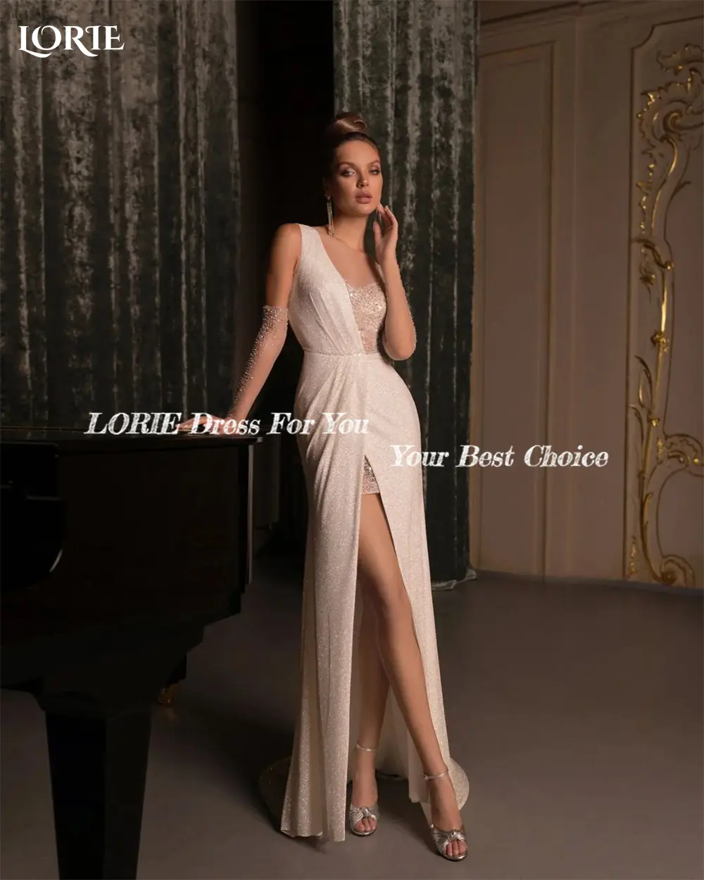 LORIE Luxury Glitter Mermaid Evening Dresses V-Neck Sexy Shiny Side Slit Pleated Bridal Gowns Sparkly Bride Dress No Gloves 2023