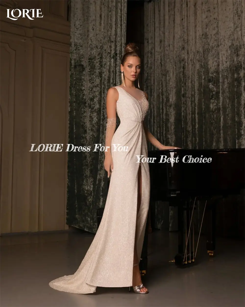 LORIE Luxury Glitter Mermaid Evening Dresses V-Neck Sexy Shiny Side Slit Pleated Bridal Gowns Sparkly Bride Dress No Gloves 2023