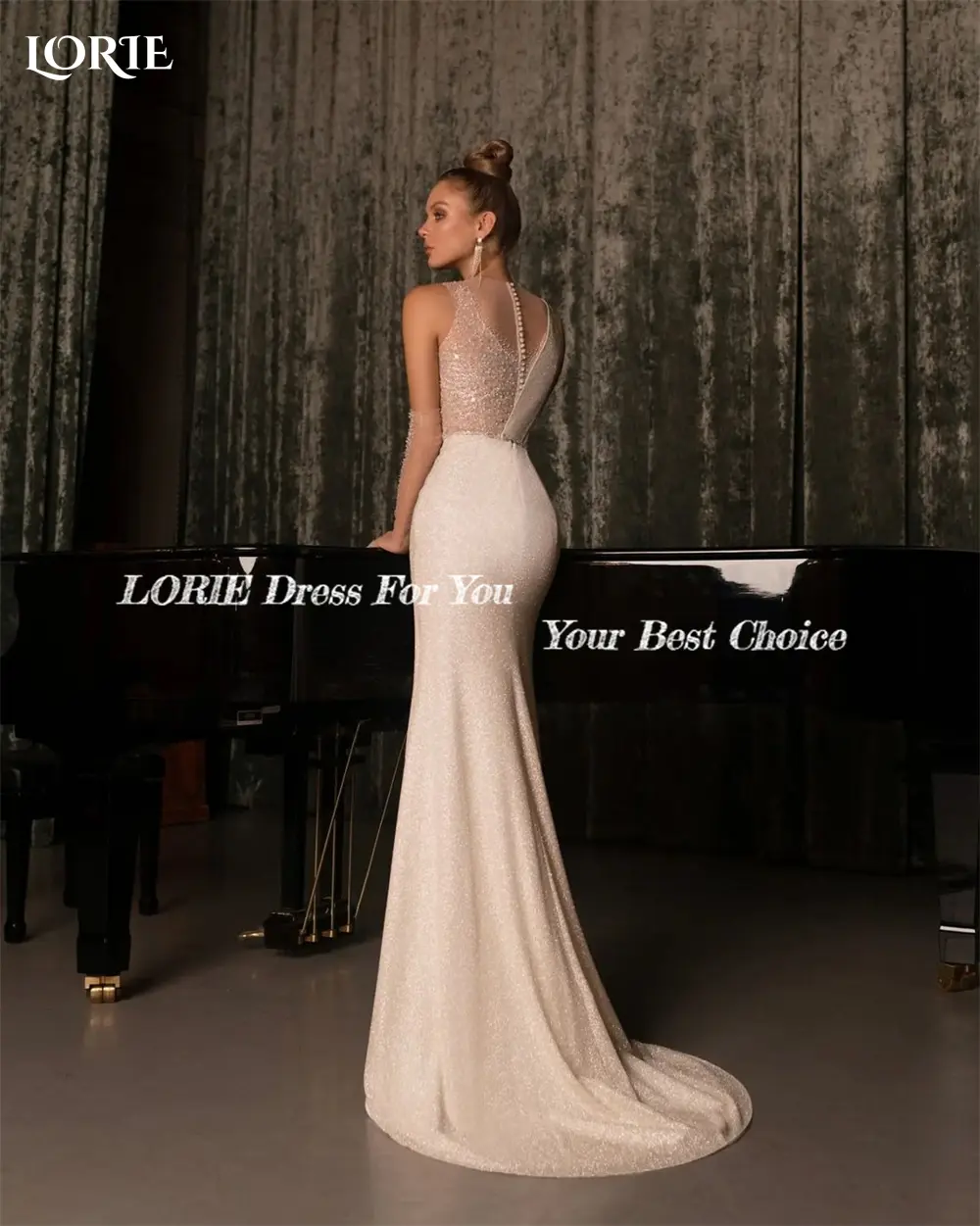 LORIE Luxury Glitter Mermaid Evening Dresses V-Neck Sexy Shiny Side Slit Pleated Bridal Gowns Sparkly Bride Dress No Gloves 2023