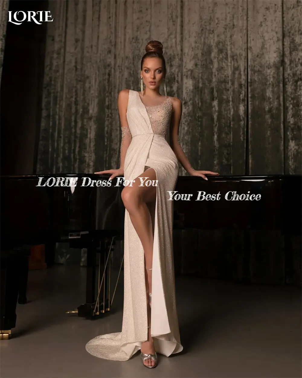 LORIE Luxury Glitter Mermaid Evening Dresses V-Neck Sexy Shiny Side Slit Pleated Bridal Gowns Sparkly Bride Dress No Gloves 2023