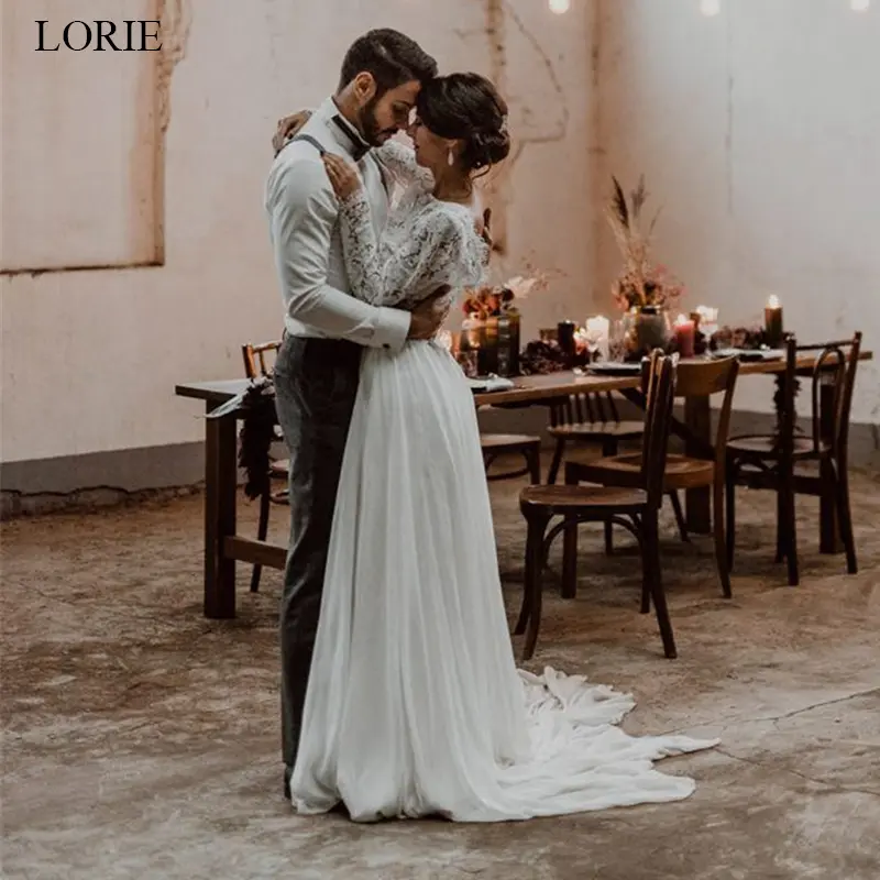 LORIE Two Pieces Wedding Dress Lace top & Chiffon Boho Backless Bride dress Long Sleeve A-Line Customized Beach Wedding Dresses