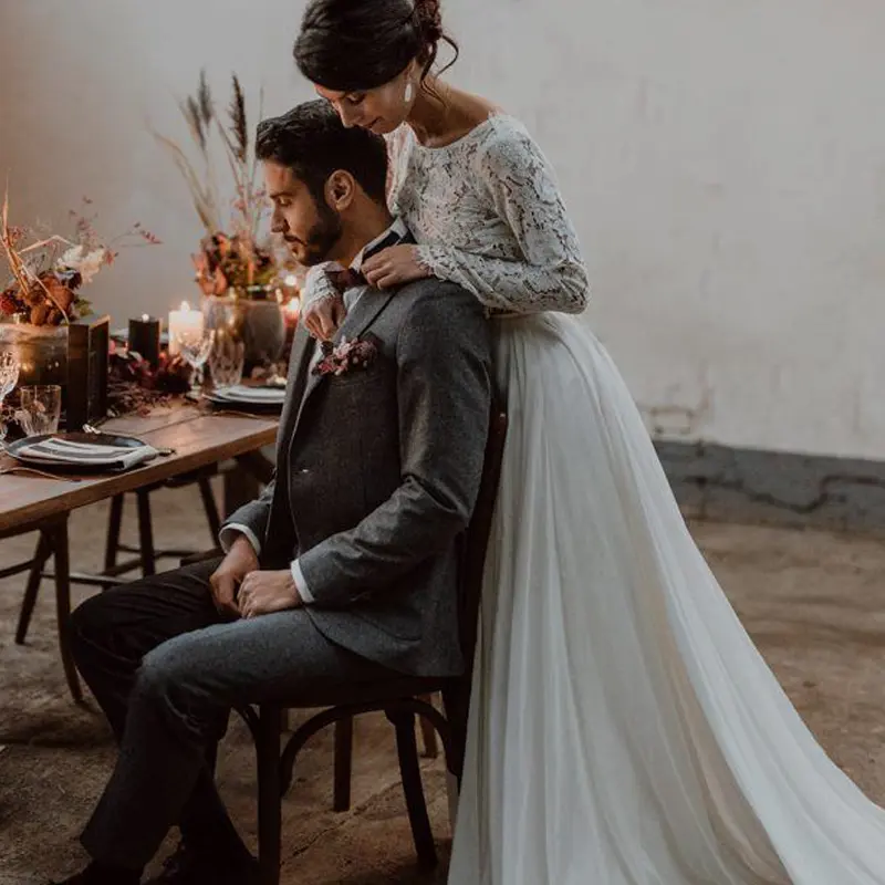 LORIE Two Pieces Wedding Dress Lace top & Chiffon Boho Backless Bride dress Long Sleeve A-Line Customized Beach Wedding Dresses
