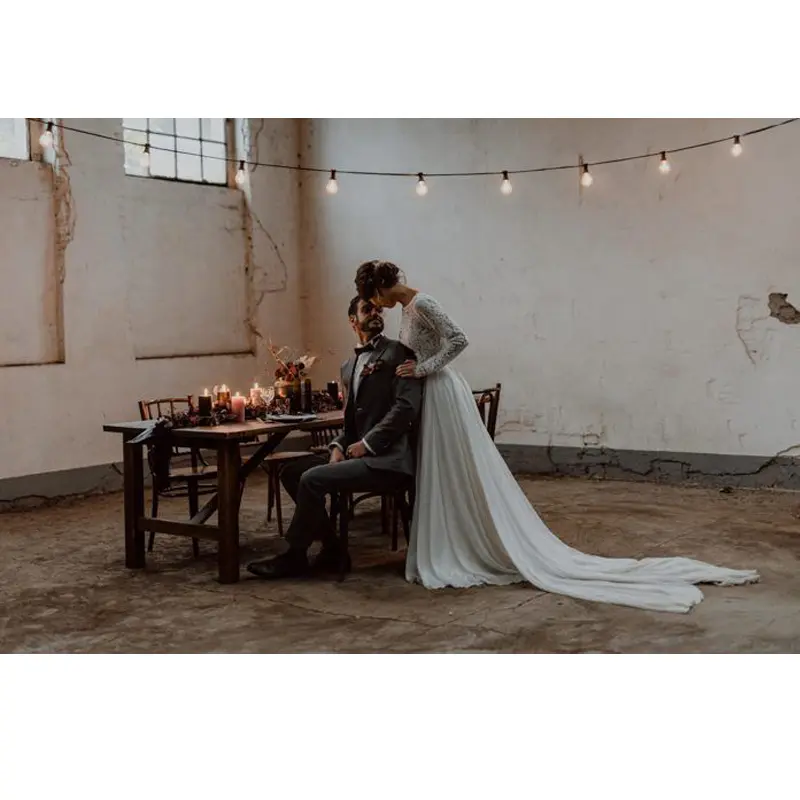 LORIE Two Pieces Wedding Dress Lace top & Chiffon Boho Backless Bride dress Long Sleeve A-Line Customized Beach Wedding Dresses