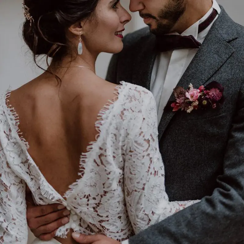 LORIE Two Pieces Wedding Dress Lace top & Chiffon Boho Backless Bride dress Long Sleeve A-Line Customized Beach Wedding Dresses