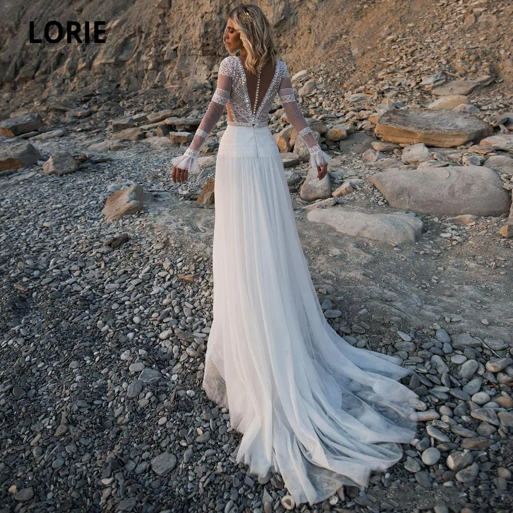 LORIE Beach Bohemian Wedding Dresses V Neck Long Sleeves Lace Appliques Dream Bridal Gowns Boho A Line Princess Gowns Customized