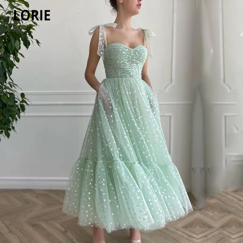 LORIE Glitter Prom Dresses Mint Green Adjustable Straps Shiny Love Tulle Tea Length Arabic Wedding Party Graduation Dress 2024