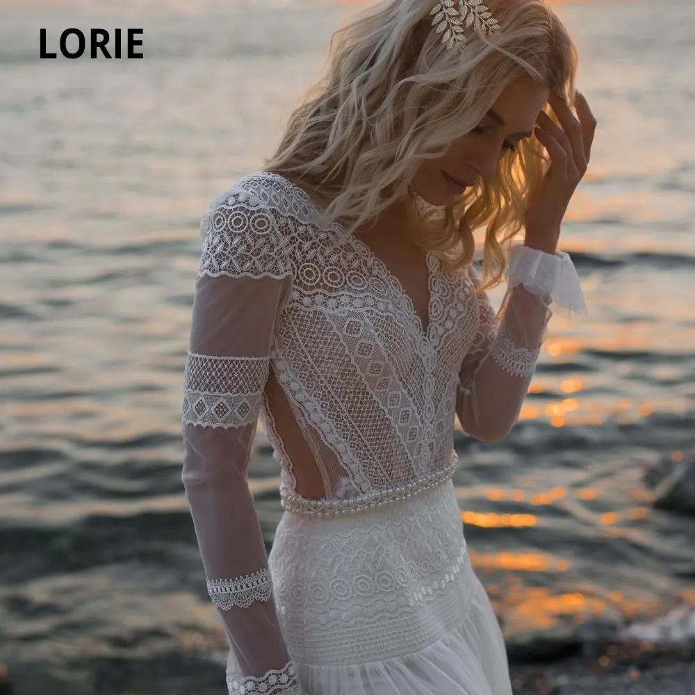 LORIE Beach Bohemian Wedding Dresses V Neck Long Sleeves Lace Appliques Dream Bridal Gowns Boho A Line Princess Gowns Customized