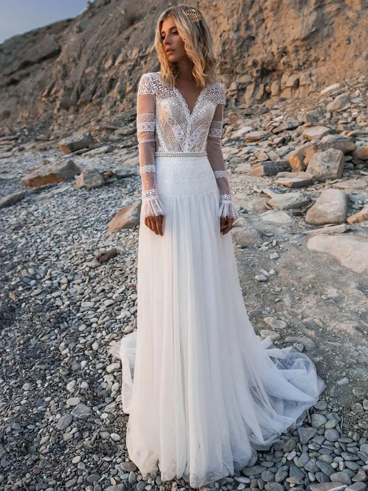 LORIE Beach Bohemian Wedding Dresses V Neck Long Sleeves Lace Appliques Dream Bridal Gowns Boho A Line Princess Gowns Customized