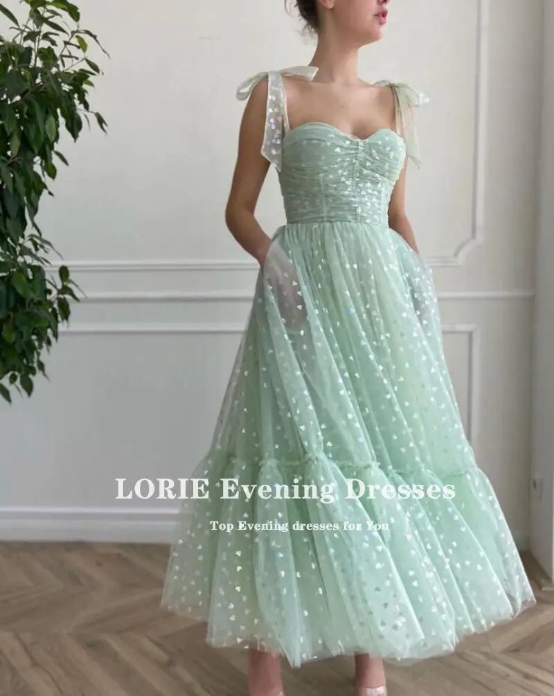 LORIE Glitter Prom Dresses Mint Green Adjustable Straps Shiny Love Tulle Tea Length Arabic Wedding Party Graduation Dress 2024