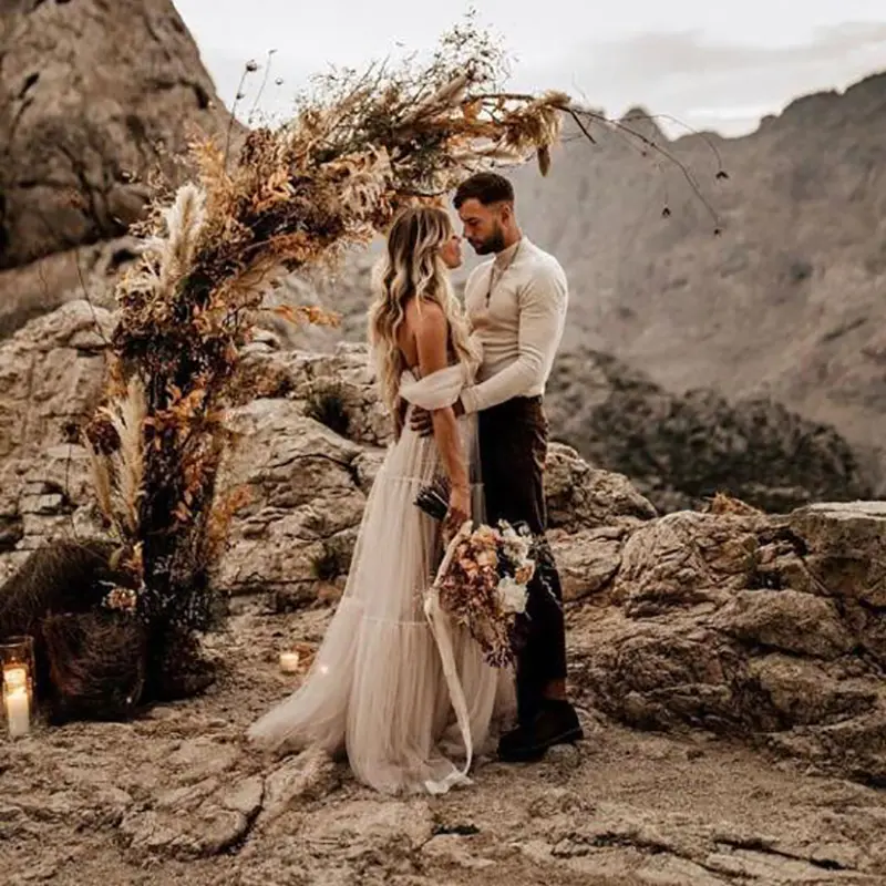 LORIE Boho Wedding Dresses Off the Shoulder Pleats Appliques Tulle Lace Sexy Bohemian Bride Gown 2024 Illusion vestidos de novia