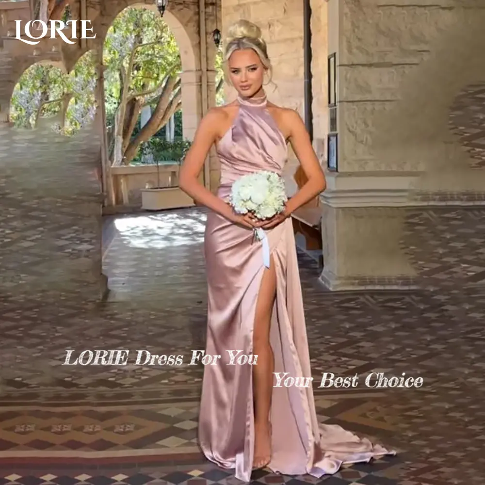 LORIE Elegant Halter Slit Bridesmaid Dresses Mermaid Backless Pleats Ruched Beach Bridal Gown Pleats Customized Bride Dress