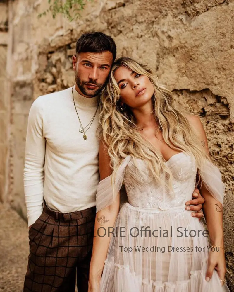 LORIE Boho Wedding Dresses Off the Shoulder Pleats Appliques Tulle Lace Sexy Bohemian Bride Gown 2024 Illusion vestidos de novia