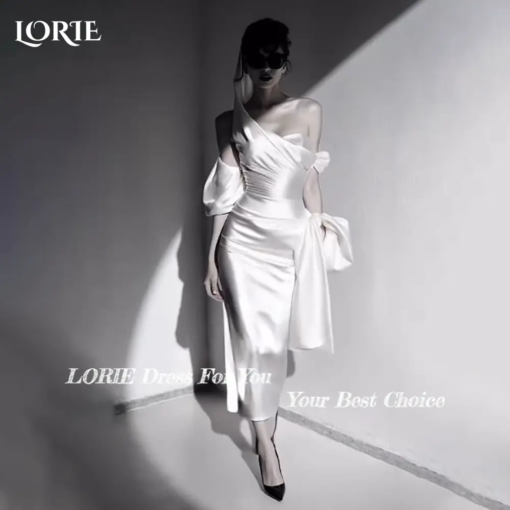LORIE Shiny Satin Wedding Dress Tea Length Bow Mermaid Bride Gowns Customized Bride Dress One Shoulder Bride vestidos de novia