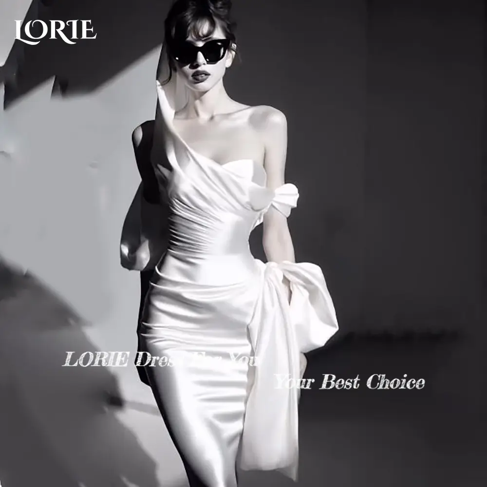 LORIE Shiny Satin Wedding Dress Tea Length Bow Mermaid Bride Gowns Customized Bride Dress One Shoulder Bride vestidos de novia