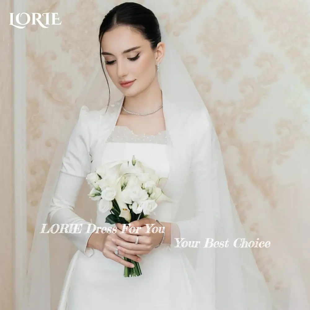 LORIE Sexy Satin Muslim Wedding Dresses Long Sleeve Lace A-Line Corset Bride DressCustomized Ivory Bridal Gown vestidos de novia