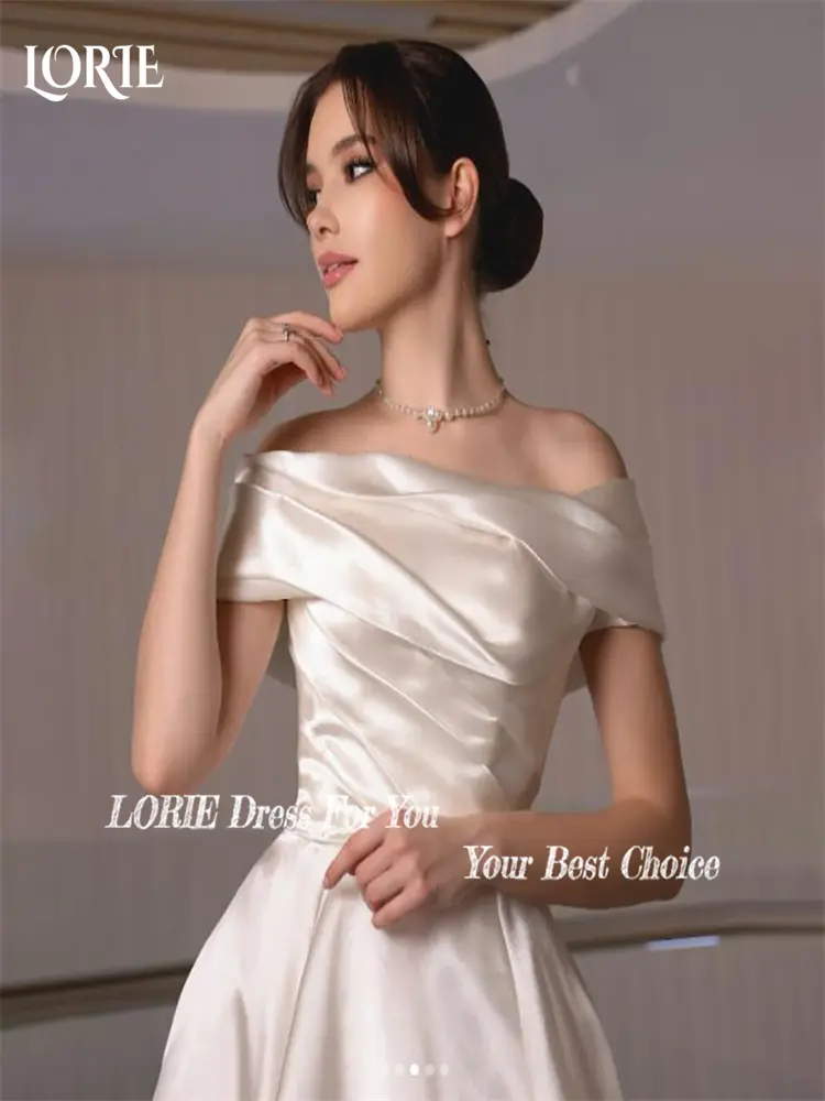 LORIE Lace Beach Wedding Dresses Off Shoulder Shiny Satin Bride Gown Pleats Princess Bridal Dress vestidos de novia Customized
