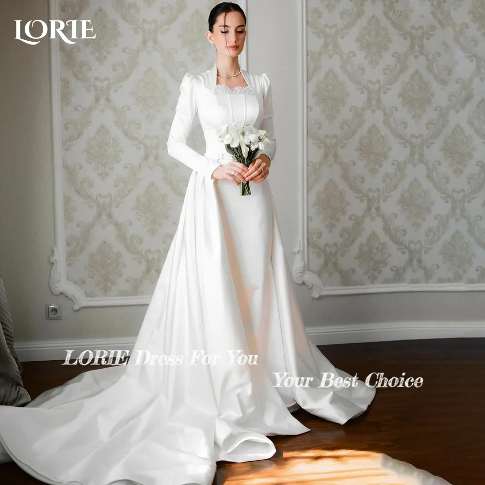 LORIE Sexy Satin Muslim Wedding Dresses Long Sleeve Lace A-Line Corset Bride DressCustomized Ivory Bridal Gown vestidos de novia