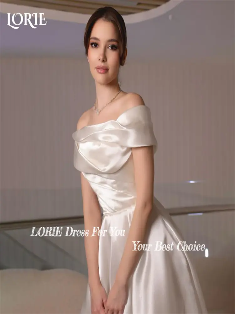 LORIE Lace Beach Wedding Dresses Off Shoulder Shiny Satin Bride Gown Pleats Princess Bridal Dress vestidos de novia Customized