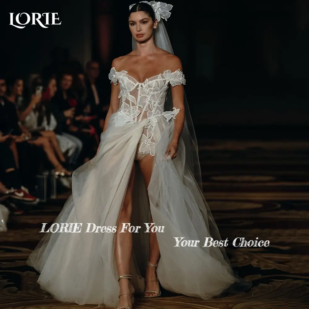 LORIE 3d Flower Wedding Dresses A-Line Lace Applique Illsion Slit Bridal Gown Off Shoulder Strap Princess Party Dress Customized