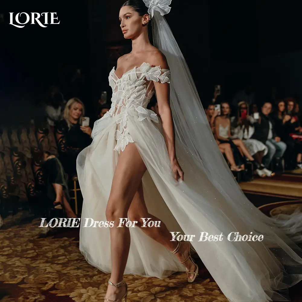 LORIE 3d Flower Wedding Dresses A-Line Lace Applique Illsion Slit Bridal Gown Off Shoulder Strap Princess Party Dress Customized