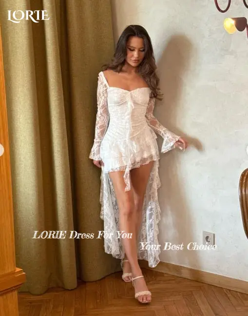 LORIE Graceful Lace Short Wedding Dresses 3D Floral Appliqued Square Neck Midi Bridal Gowns vestido de novia Plus sizeCustomized