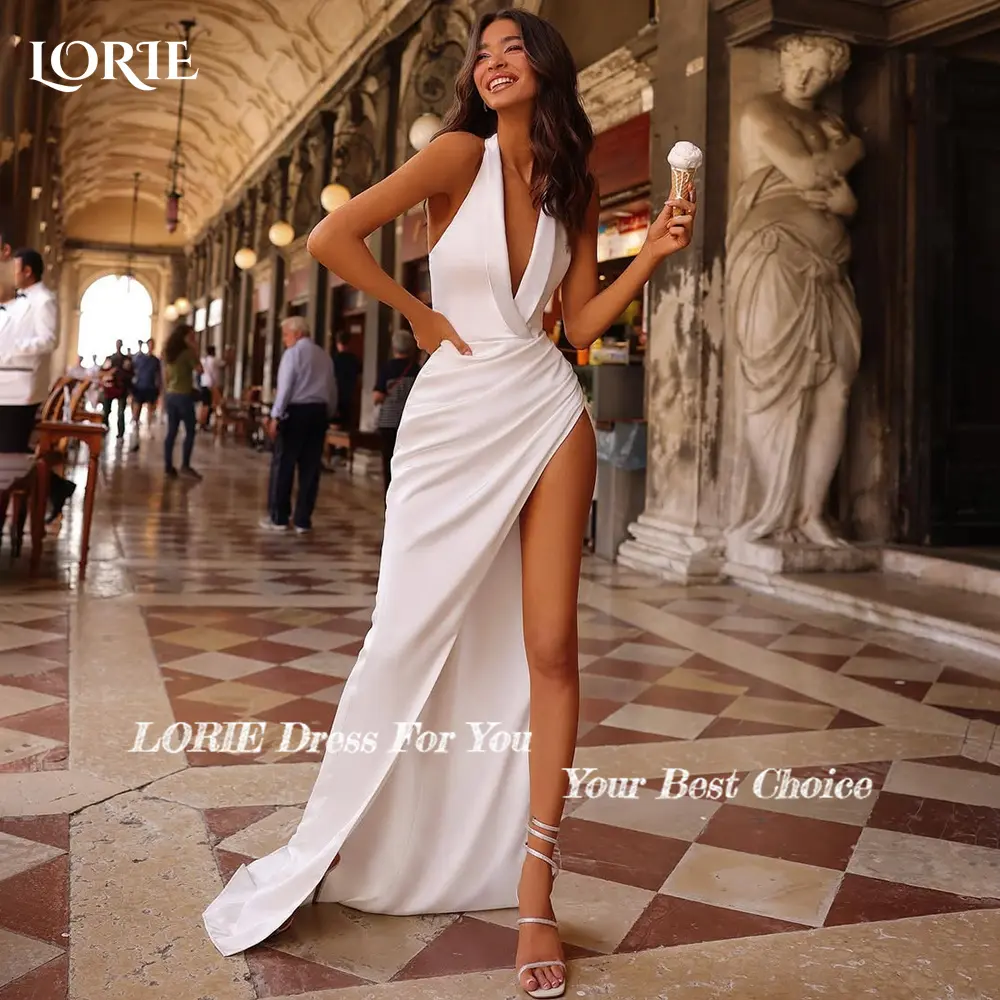 LORIE Halter Long Wedding Dresses Sexy High Slit Straps Bride Gown Backless Memaid Bridal Gown 2025 vestidos de novia Customized