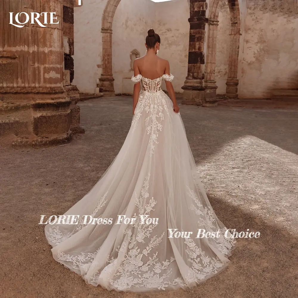 LORIE Lace Beach Wedding Dresses Off Shoulder 3D Flowers Bride Gown Applique Princess Bridal Dress vestidos de novia Customized