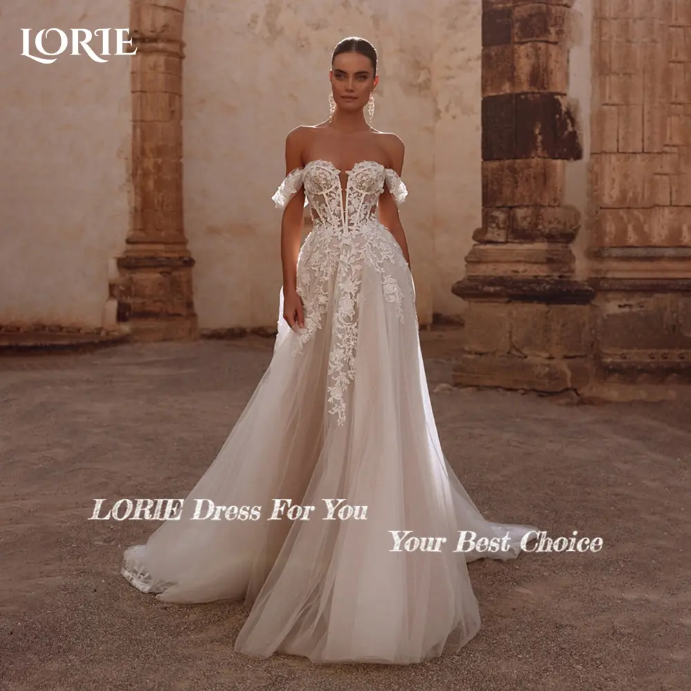 LORIE Lace Beach Wedding Dresses Off Shoulder 3D Flowers Bride Gown Applique Princess Bridal Dress vestidos de novia Customized