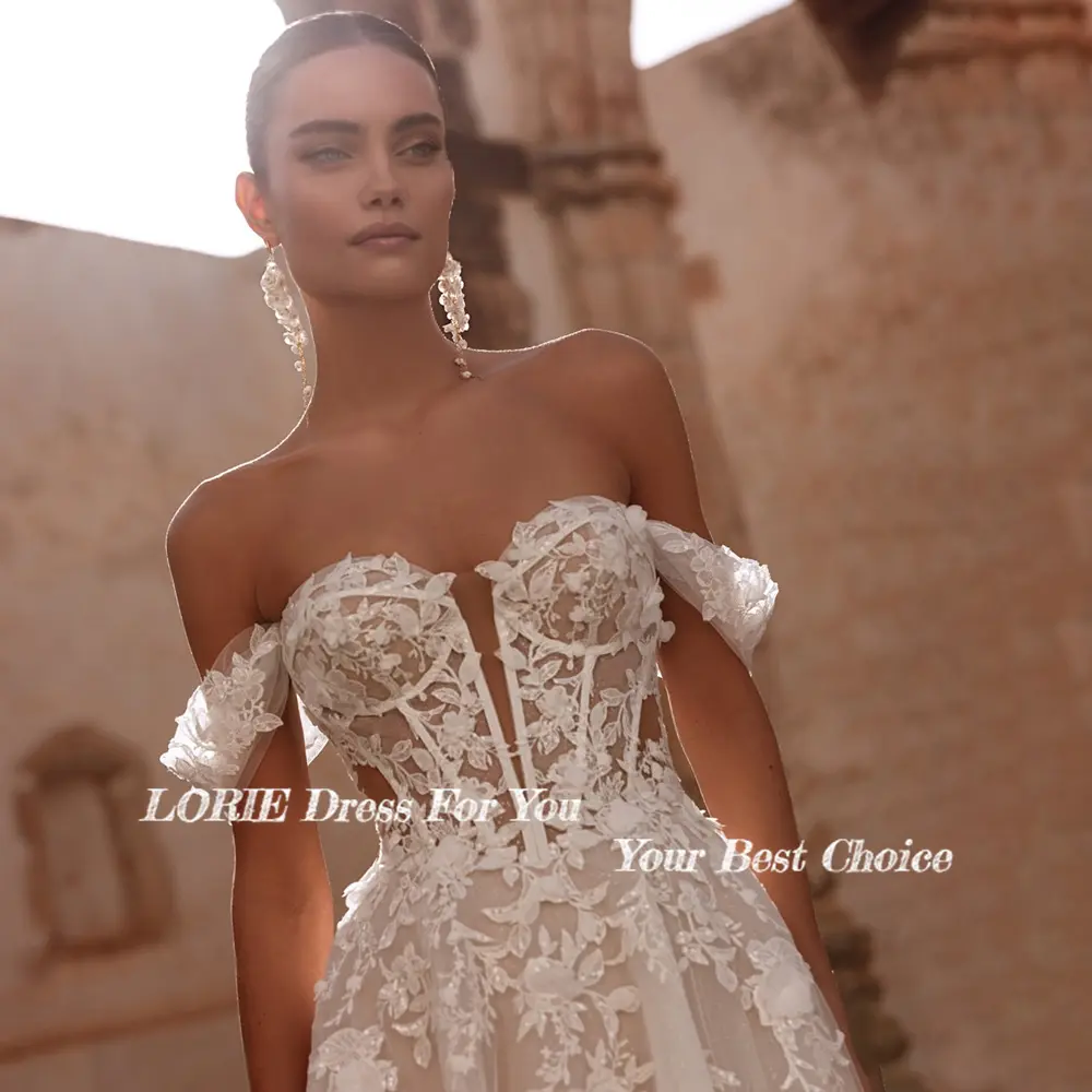 LORIE Lace Beach Wedding Dresses Off Shoulder 3D Flowers Bride Gown Applique Princess Bridal Dress vestidos de novia Customized