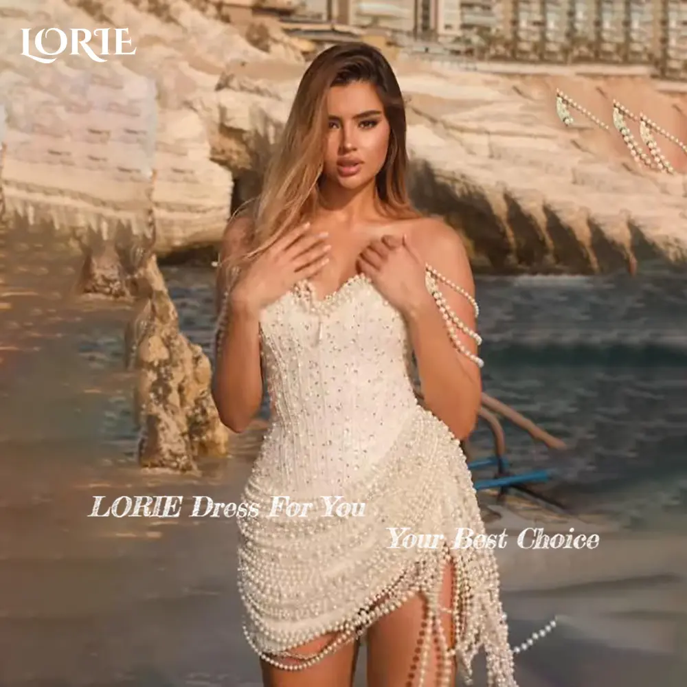 LORIE Sexy Short Pearls Wedding Dresses Pleats Off Shoulder Bride Gowns Customized Corset Princess Bridal Gown vestidos de novia