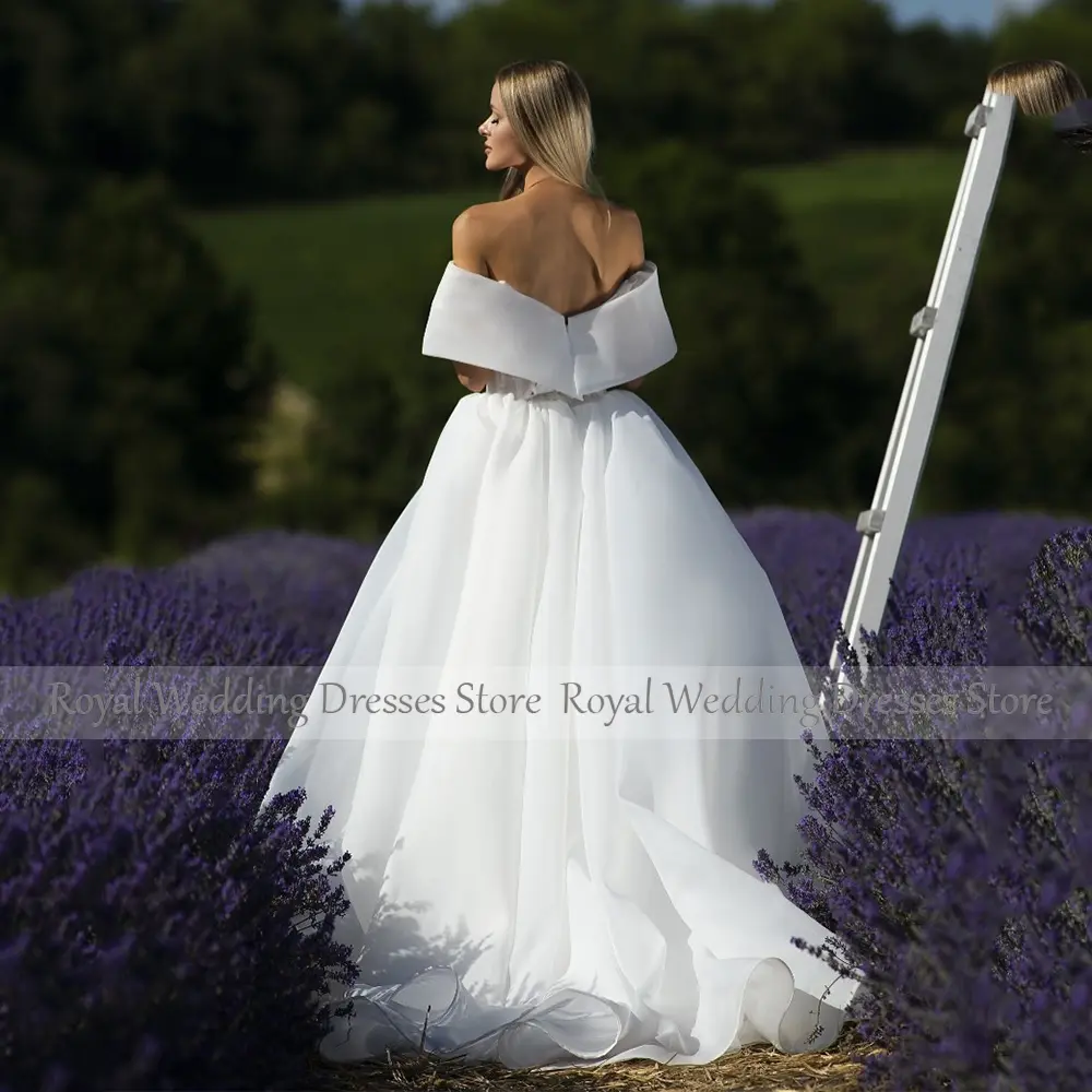 Elegant Off The Shoulder Ivory Organza Satin Wedding Dress For Bride A Line Wedding Gowns Sleeveless Bridal Dress