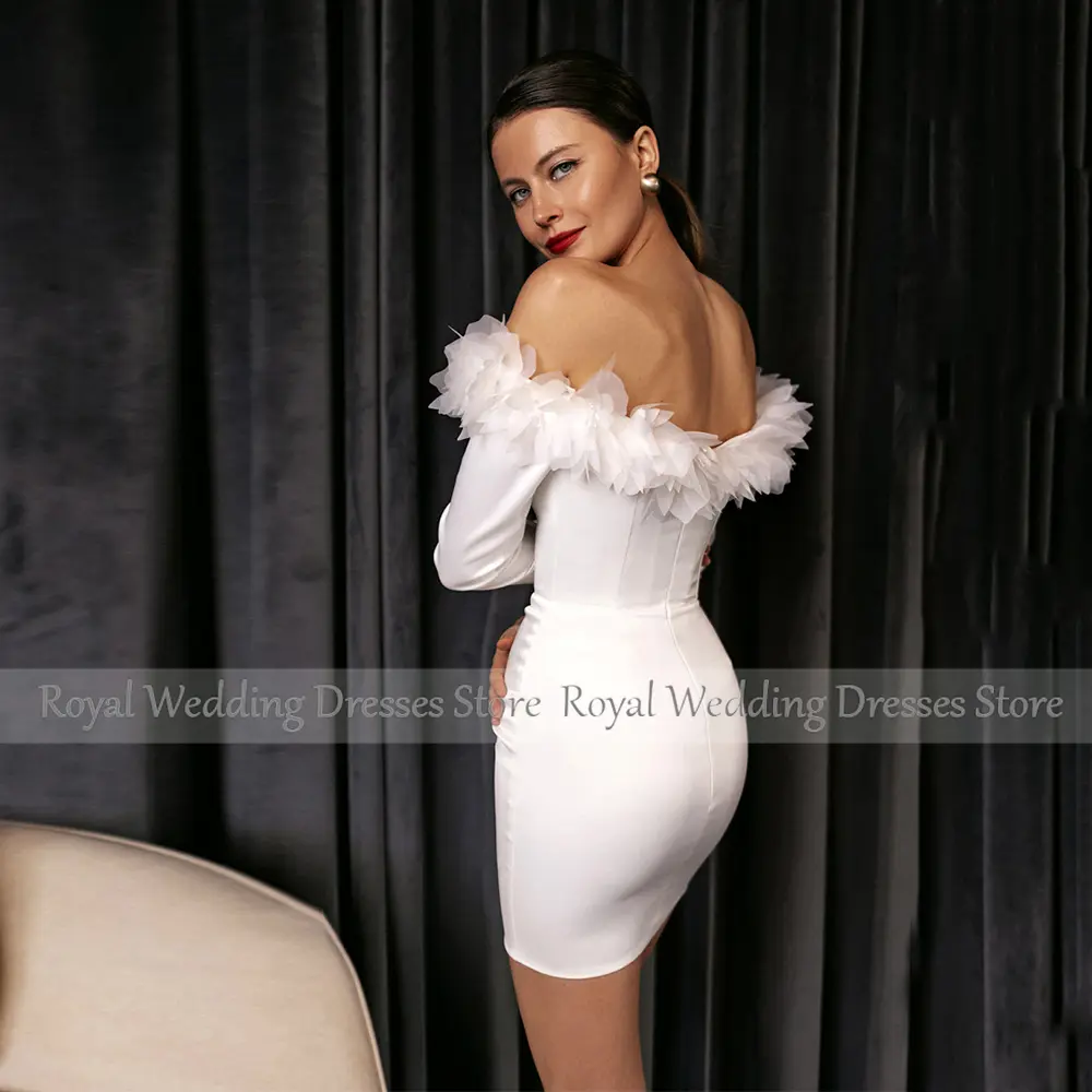 Modern Ivory Mini Short Satin Wedding Dress For Women Off The Shoulder Sheath Wedding Gown Long Sleeves With Flowes