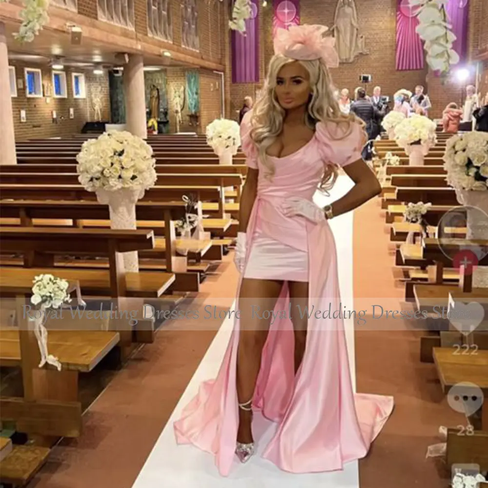 Modern Pink Mini Short Cocktail Dress Sheath Puff Sleeves Cocktail Gowns for Women Scoop Neck Party Gown With Train