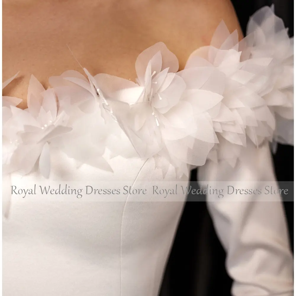 Modern Ivory Mini Short Satin Wedding Dress For Women Off The Shoulder Sheath Wedding Gown Long Sleeves With Flowes