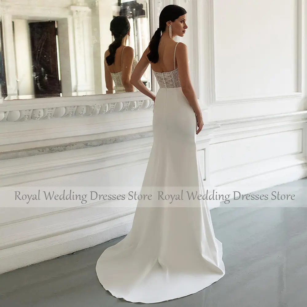 Luxury Wedding Dress Mermaid Beaded Spaghetti Straps Illusion Trumpet Wedding Gowns for Women 2025 Bride Ivory Satin Bridal Gown