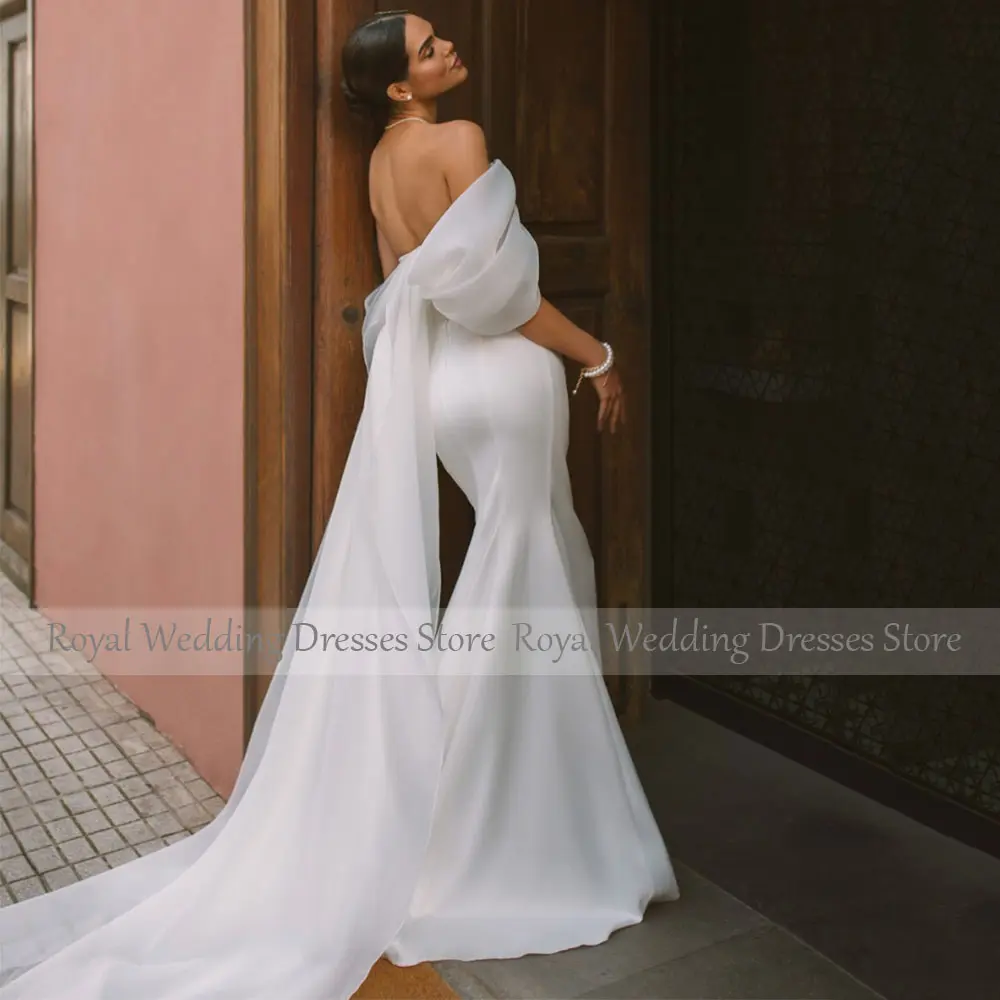 Mermaid Wedding Dresses Ivory Organza Satin Off the Shoulder Elegant Wedding Gown for Bride V Neck Backless Trumpet Bridal Dress