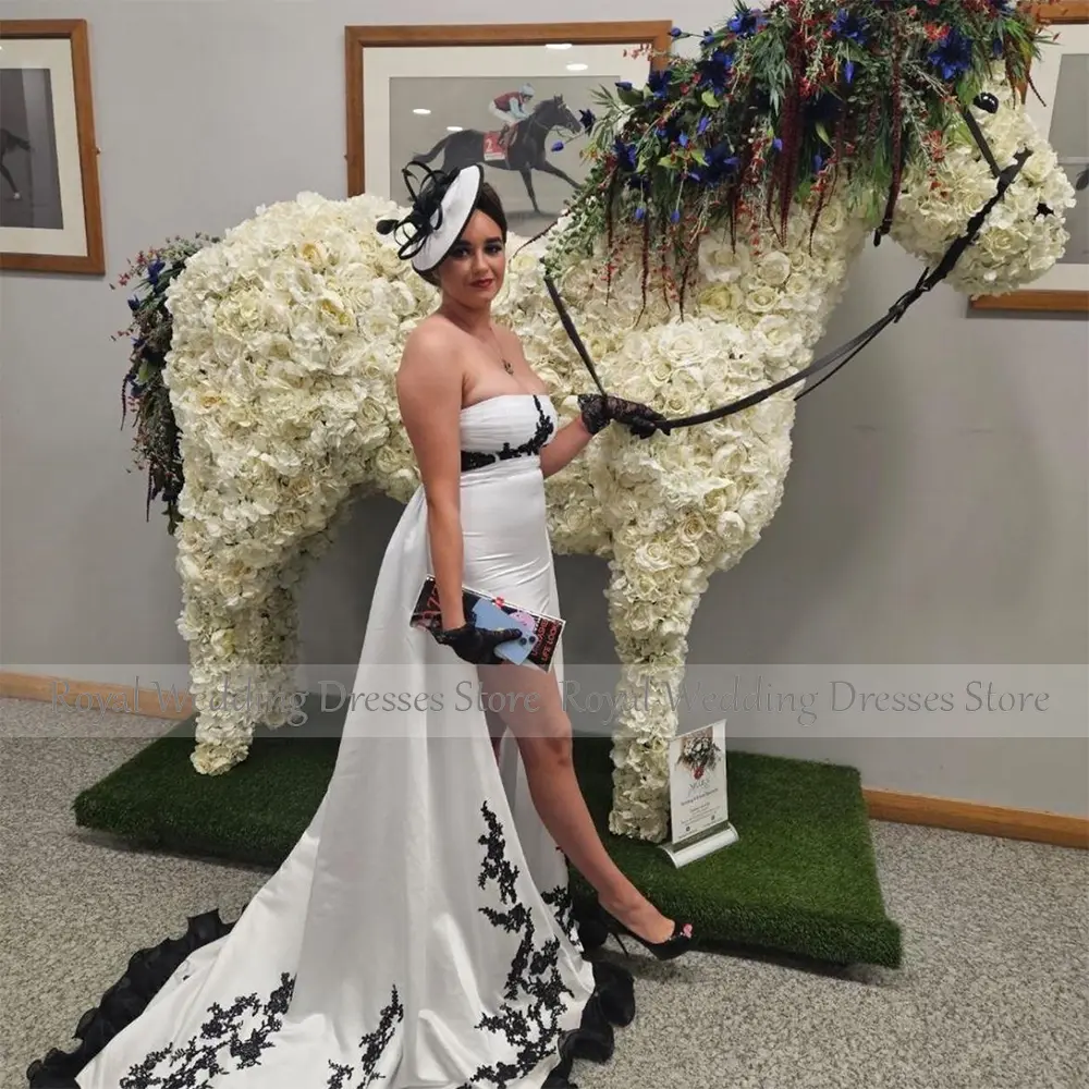 Modern Mini Short White Cocktail Dress Sheath Cocktail Gown Strapless Black Appliques Formal Party Gown With Train