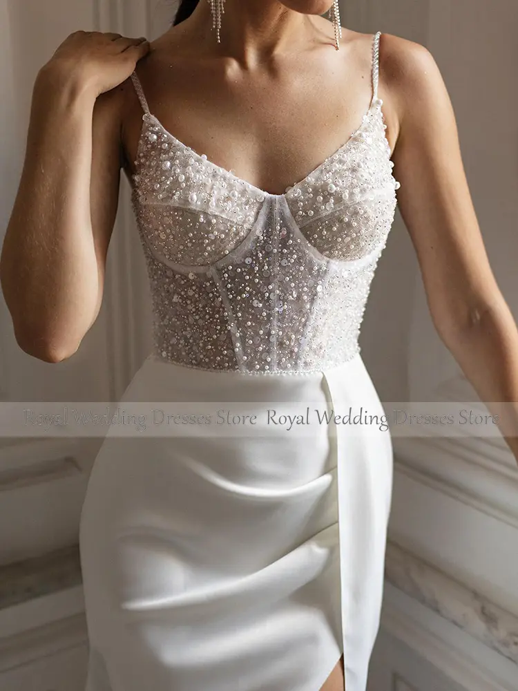 Luxury Wedding Dress Mermaid Beaded Spaghetti Straps Illusion Trumpet Wedding Gowns for Women 2025 Bride Ivory Satin Bridal Gown