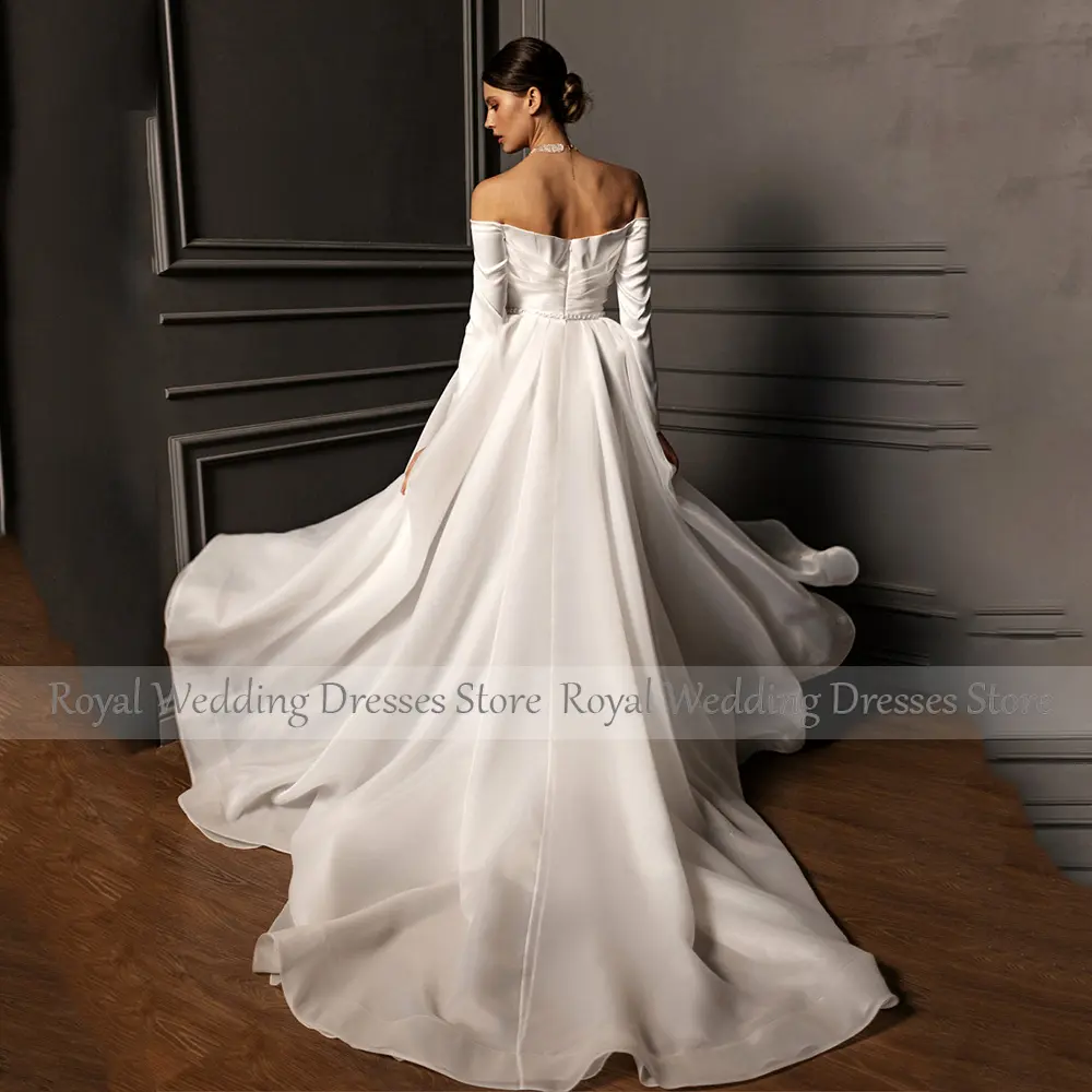 Elegant Ivory Sheath Wedding Dress For Women Floor Length Long Sleeves Beading Wedding Gown Off The Shoulder Bridal Gown