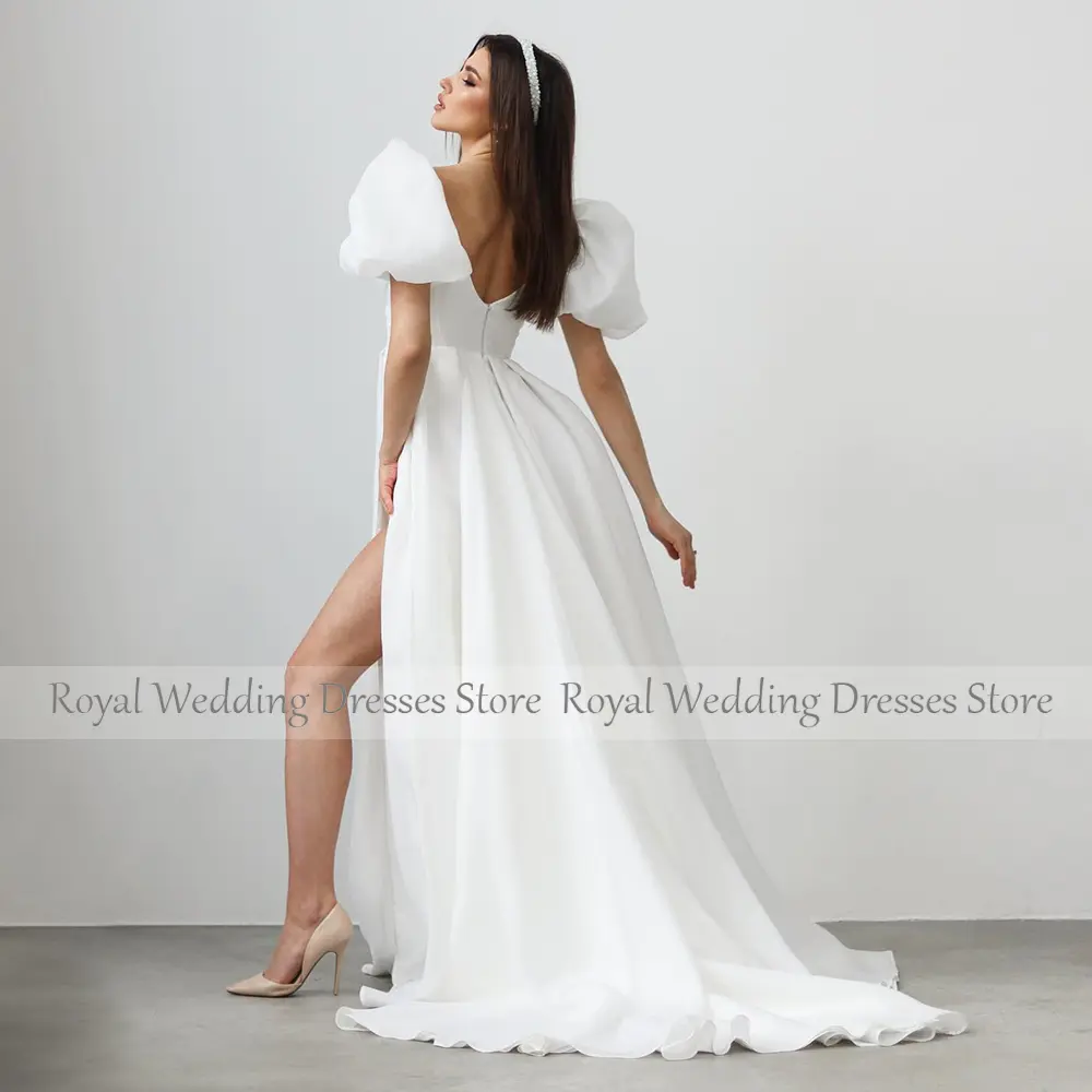 Sexy V Neck Ivory Organza Satin Wedding Dress For Bride A Line Wedding Gowns Short Puff Sleeves Long Bridal Dresses