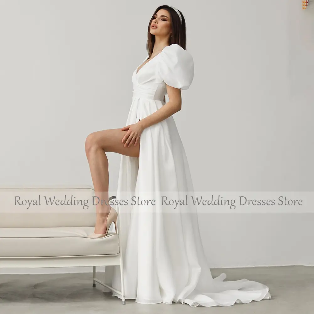 Sexy V Neck Ivory Organza Satin Wedding Dress For Bride A Line Wedding Gowns Short Puff Sleeves Long Bridal Dresses